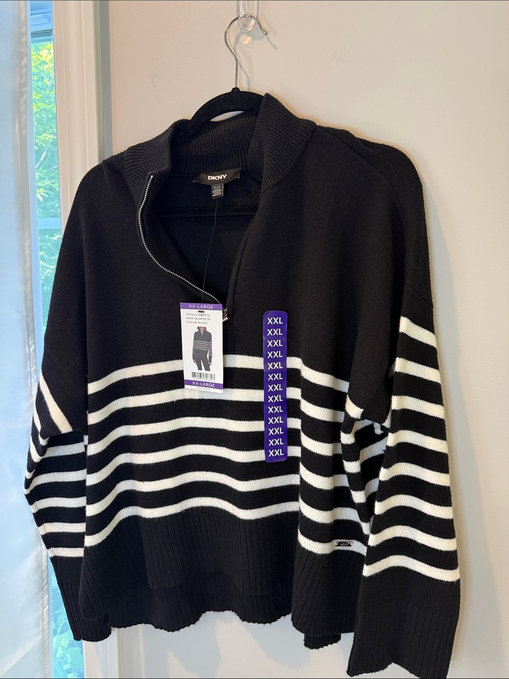 Dkny Black Half-Zip Sweater with White Stripes xxl